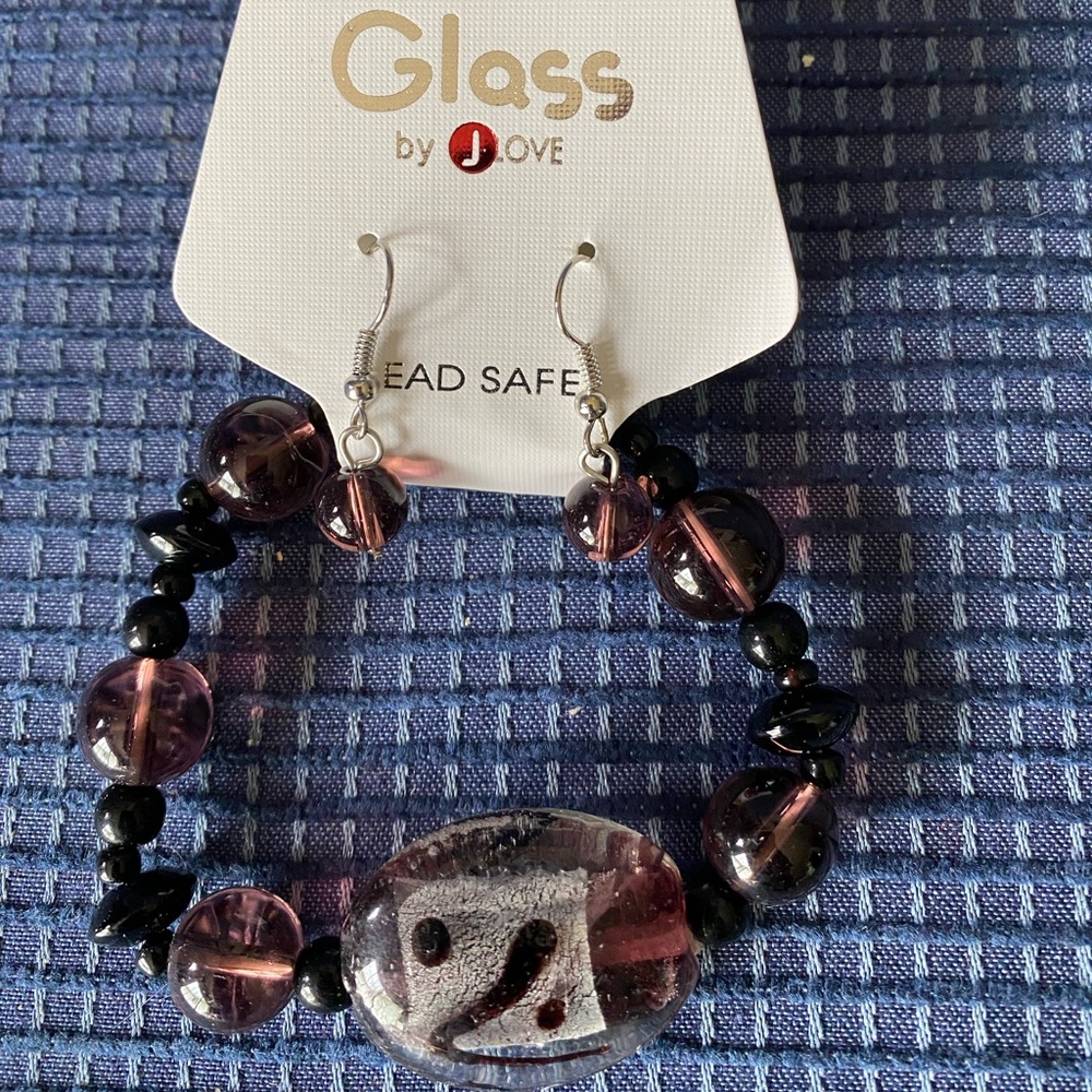 Glass by J Love NWT Purple Bracelet  & Pierced Earrings Set
